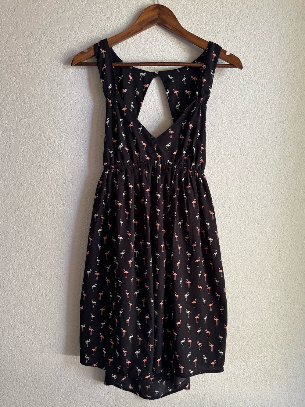 Roxy Large Flamingo Print Cutout Back Black Pink Summer Dress